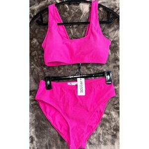 AI'MAGE Ribbed Bikini Set Swimsuit Women Medium Pink High Waist Adjustable Strap